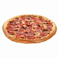 Spicy Italian Pizza · Italian dressing, minced garlic, salami, pepperoni, ham and Italian sausage. Spicy.