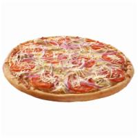 Chicken Parmesan Pizza · Grilled chicken, red onions, tomatoes and our fresh gourmet cheese blend topped with Parmesa...