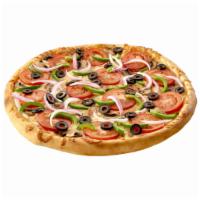 Traditional Vegetarian Pizza · Mushrooms, red onions, green peppers, black olives, tomatoes and our fresh gourmet cheese bl...