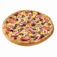 Greek Pizza · Feta cheese, black olives, hot pepper rings, tomatoes, red onions and our fresh gourmet chee...