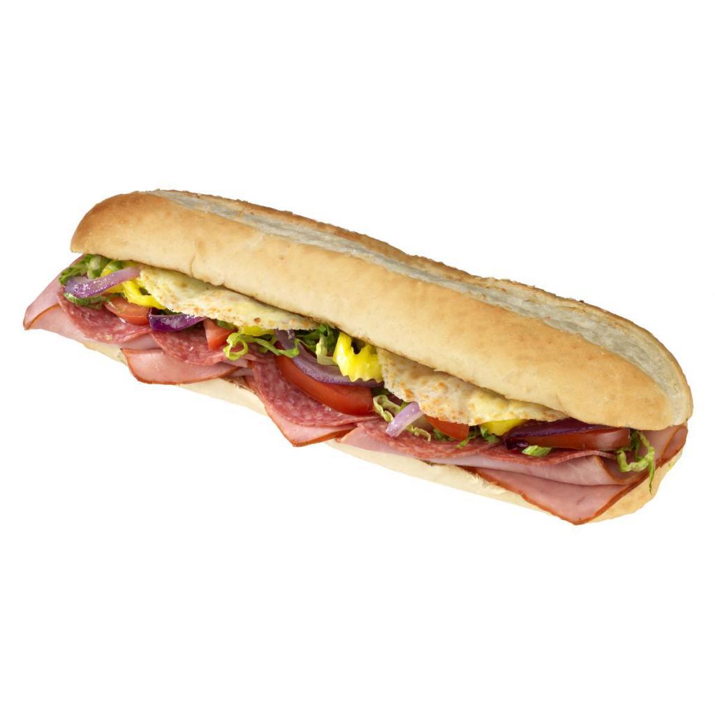 Italian Sub · Ham, salami, provolone cheese, hot pepper rings, red onions, lettuce, tomatoes and mustard sauce.