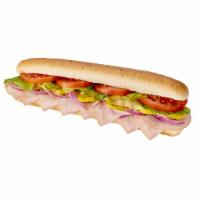 Turkey and Cheese Sub · Turkey, provolone cheese, lettuce, tomatoes, red onions, hot pepper rings and side of mayo. 