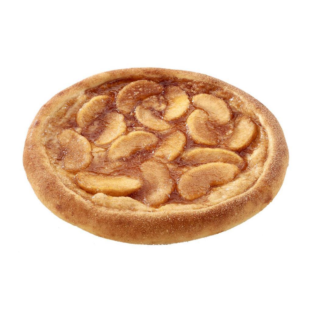 Apple Pie-zza · Oven-baked, featuring a cheesecake filling base and topped with delectable cinnamon apples.