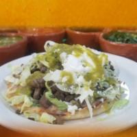 Special 3 Sopes with Meat · 3 pieces. Small handmade corn tortilla, smothered with beans, onion, cilantro. Choice of mea...