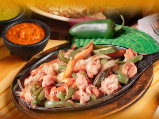 Shrimp Fajita · Shrimp, chile pepper, tomato, onion. Served with rice and beans lettuce, sour cream, guacamole and pico de gallo.