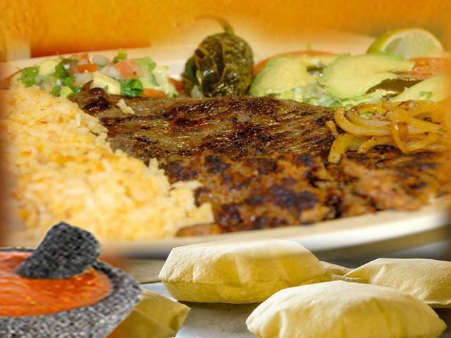 Carne Asada · Steak, fried onions, fried jalapenos, avocado, tomato, pico de gallo, rice and beans.