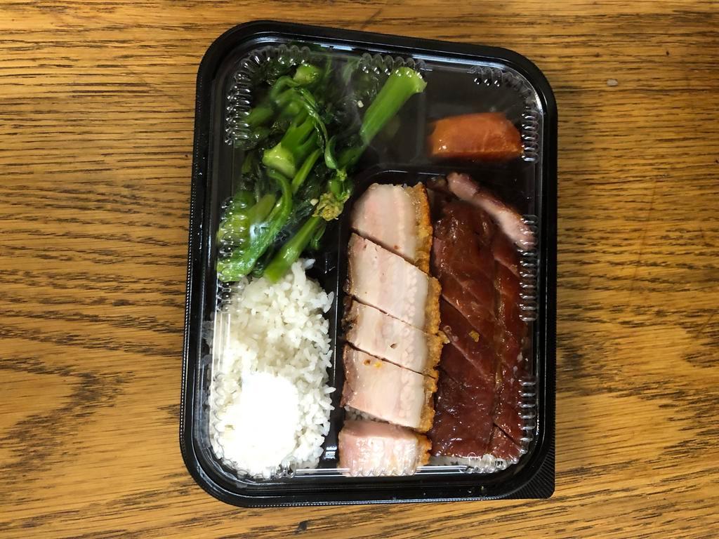 Roast Pork and Pork Belly on Rice （叉烧火肉饭） · BBQ Cha siu and crispy pork belly over rice