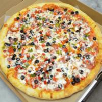 Supreme pizza · A supreme pizza with tomato sauce, cheese, pepperoni,onion,bell peppers, black olives.