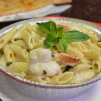 Penne Pasta with Shrimp Alfredo sauce · Served w/ alfredo sauce, basil, Parmesan cheese and bread & jumbo shrimp medium size (5) pcs...
