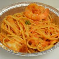 Linguini Pasta with Shrimp pink sauce · Served with pink sauce, basil, Parmesan cheese and italian bread & jumbo shrimp