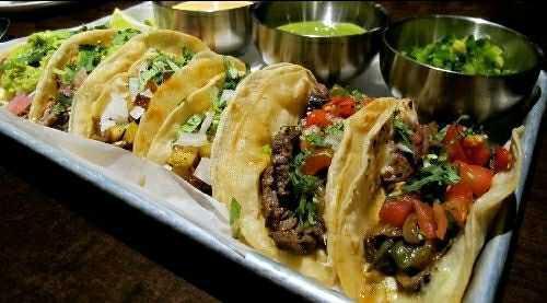 5 Mini Tacos · Your choice of meat: Carne Asada (Beef), Chicken Fajita or Pastor (Marinated Pork).
Includes Monterrey cheese, cilantro, fresh onions, grilled onions or grilled pineapple in corn tortillas. Served with your choice of salsa.
