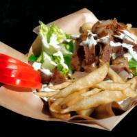 Beef and Lamb Gyro Fries · Over golden brown fries, American cheese, lettuce and grilled onions.