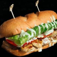 Beef Gyro Cheesesteak · On a sweet roll with grilled onions, American cheese, lettuce, tomatoes, cherry peppers.