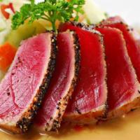 Blacken Tuna · 6 pieces of peppered tuna topped with *wasabi mayo