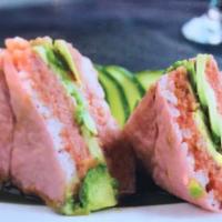 Sushi Sandwich · Rice, Spicy Tuna, Avocado, with Special Pink Seaweed paper on the Outside