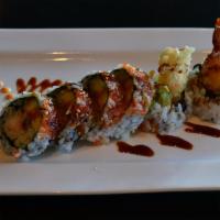 Shrimp Tempura Roll · with avocado and cucumber inside, topico and eel sauce on top