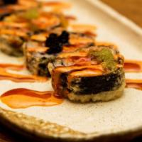 Godzilla Roll · Spicy tuna (with crunch) and avocado inside the roll, deep fried.   Scallion and tobiko and ...
