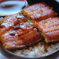 Unagi Don · 6 pieces of Japanese style marinated and toasted eel over rice, comes with 3 kinds of osinko...