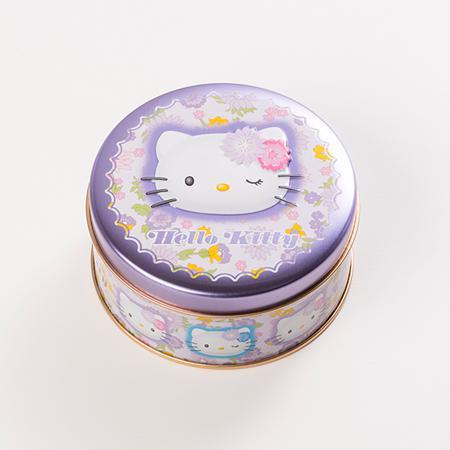 KOBE FUGETSUDO Hello Kitty Mini Gaufres (Purple) · 6 Mini Gaufres wafers:  2 vanilla, 2 strawberry, and 2 chocolate, packaged in a purple Hello Kitty tin.
