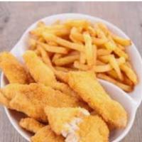 Kids Chicken Fingers con Papa Frita · Chicken finger with french fries.