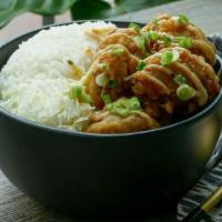 Jfc Rice Bowl · Fukuryu’s ever popular breaded garlic, ginger and soy sauce marinated chicken on rice with s...