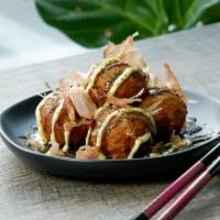 Takoyaki (5) · Japanese-style hush puppies filled with octopus ＆ vegetables, drizzled with tonkatsu sauce a...