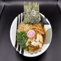 Tokyo Chicken · Chicken broth, wavy noodles, diced onions, green onions, shredded chicken breast, menma, nar...