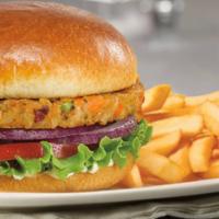 Vegetarian Burger Delight Platter · Veggie patty with lettuce, tomatoes and onions. Served with french fries, coleslaw and pickl...