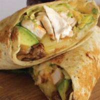 Chicken Avocado Wrap · Grilled chicken marinated with olive oil with fresh sliced avocados and Swiss cheese topped ...