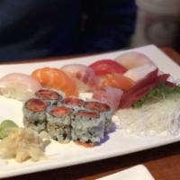 Sushi and Sashimi Combo Entree · Five pieces of sushi, nine pieces of sashimi and spicy tuna roll. Chef's choice. Served with...