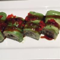 Dragon Roll · Eel and cucumber wrapped with avocado and caviar on top.