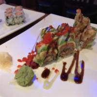 Bayside Roll · Deep fried soft shell crab and cucumber inside. Spicy tuna and avocado outside.