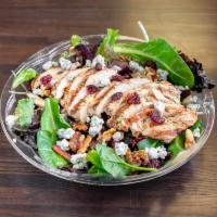 Gorgonberry Salad · Baby mixed greens, grilled chicken, Gorgonzola cheese, walnuts and dried cranberries served ...