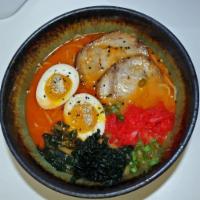 Tonkotsu Red · Spicy. Pork broth, chasu pork, wakame, ginger, green onion, egg.