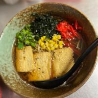 Veggie Ramen · Mushroom broth, tofu, wakame, corn, green onion, ginger.