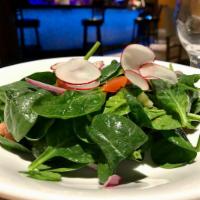 Baby Spinach Salad · Red Onion, Radish, Tomatoes, Cucumbers, Red Wine Vinaigrette