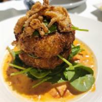 Crab Cake Tower · Roasted red pepper aioli, baby spinach.