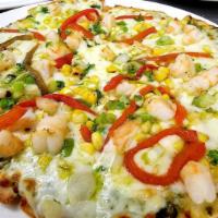 Shrimp & Corn Pizza · Grilled scallion, charred peppers, light cheese.