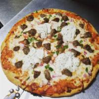 Ricotta be Ballin · Homemade meatballs with bell peppers and onions atop our delicious pizza sauce fresh mozzare...