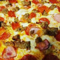 The Sancho Pizza · Pepperoni, Canadian bacon and sweet Italian sausage topped with mozzarella.