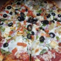The Lezzie Pizza · Spinach, onion, bell pepper, mushroom, black olives, tomatoes, artichoke, garlic and feta.