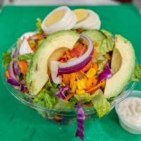 S4. Cobb Salad · Mixed greens, turkey bacon, boiled eggs, avocado, tomato, red onions, kidney bean, cucumbers...