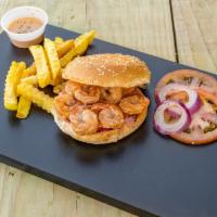 MMM Shrimp Burger · Shrimp, coleslaw, onions and tomato and fries.