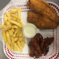 6. One Piece Fish, 5 Pieces Wings, Fries and Drink Combo Special · Served with your choice of fish. Cooked wing of a chicken coated in sauce or seasoning.
