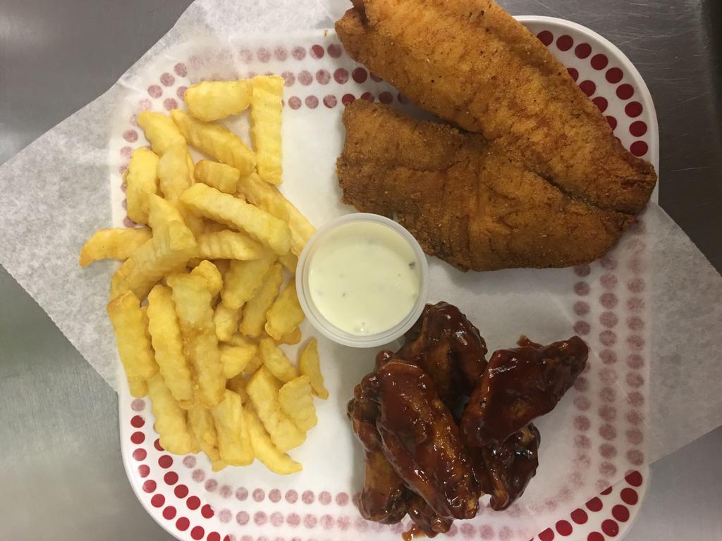 6. One Piece Fish, 5 Pieces Wings, Fries and Drink Combo Special · Served with your choice of fish. Cooked wing of a chicken coated in sauce or seasoning.