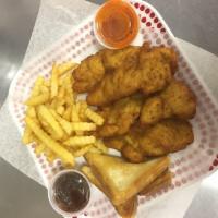 11. Three Pieces Chicken Tenders, Toast, Fries and Drink Combo Special · Breaded or battered crispy chicken.