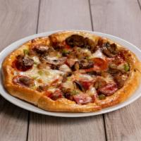 The Works Pizza · Smoked ham, pepperoni, Italian sausage, onion, mushroom, green peppers and smoked provolone ...