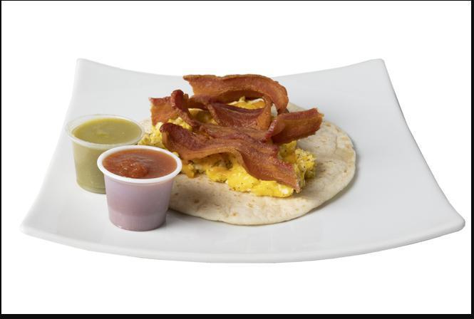 Bacon, Egg, & Cheese Breakfast Taco  · Contains Two strips of thick cut bacon, scrambled eggs, and cheddar cheese