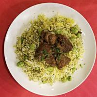 Baghali Polo with Meat Plate · Beef stewed is special herbs and spices with basmati rice and mixed with dill weed and fava ...