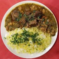 Ghorme Sabzi Plate · Chopped and sauteed parsley, cilantro, spinach, leeks, and flavored with dried lime. Mixed w...